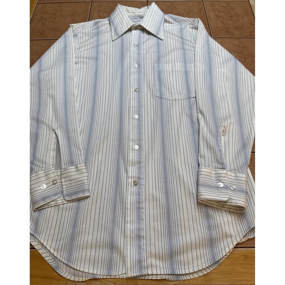 Vtg 60s 70s Blue Stripe Shirt Qiana DuPont Nylon Mod Mens Sz 15.5‎ 32/33 Dagger